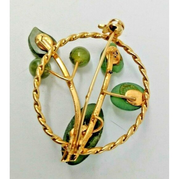 Vintage Green Jade Floral Spray Gold Tone Brooch 1.5" X 2" - Picture 7 of 10